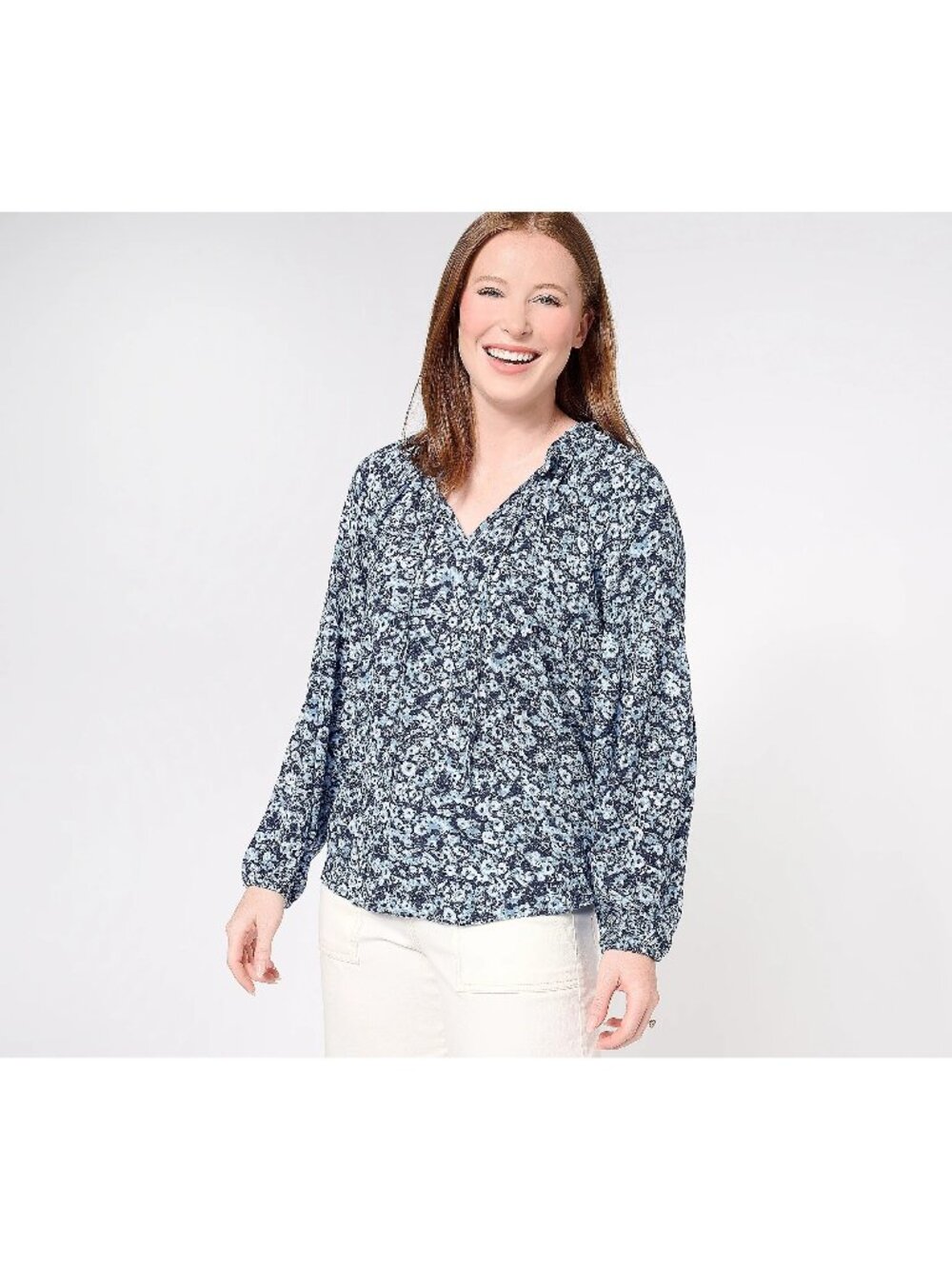 Encore by Idina Menzel Blouse XS Ruffle Neck Full Sleeve Romantic Blue Boho NEW